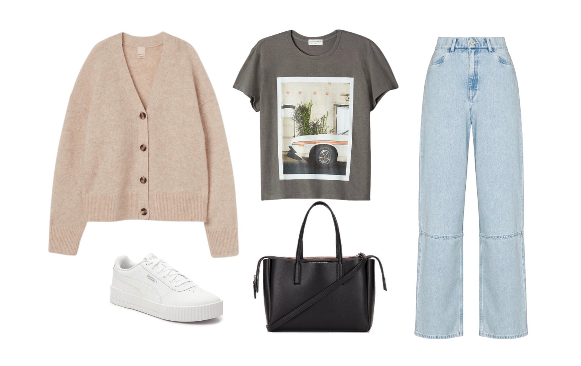 Cardigan, light-wash jeans and graphic tee