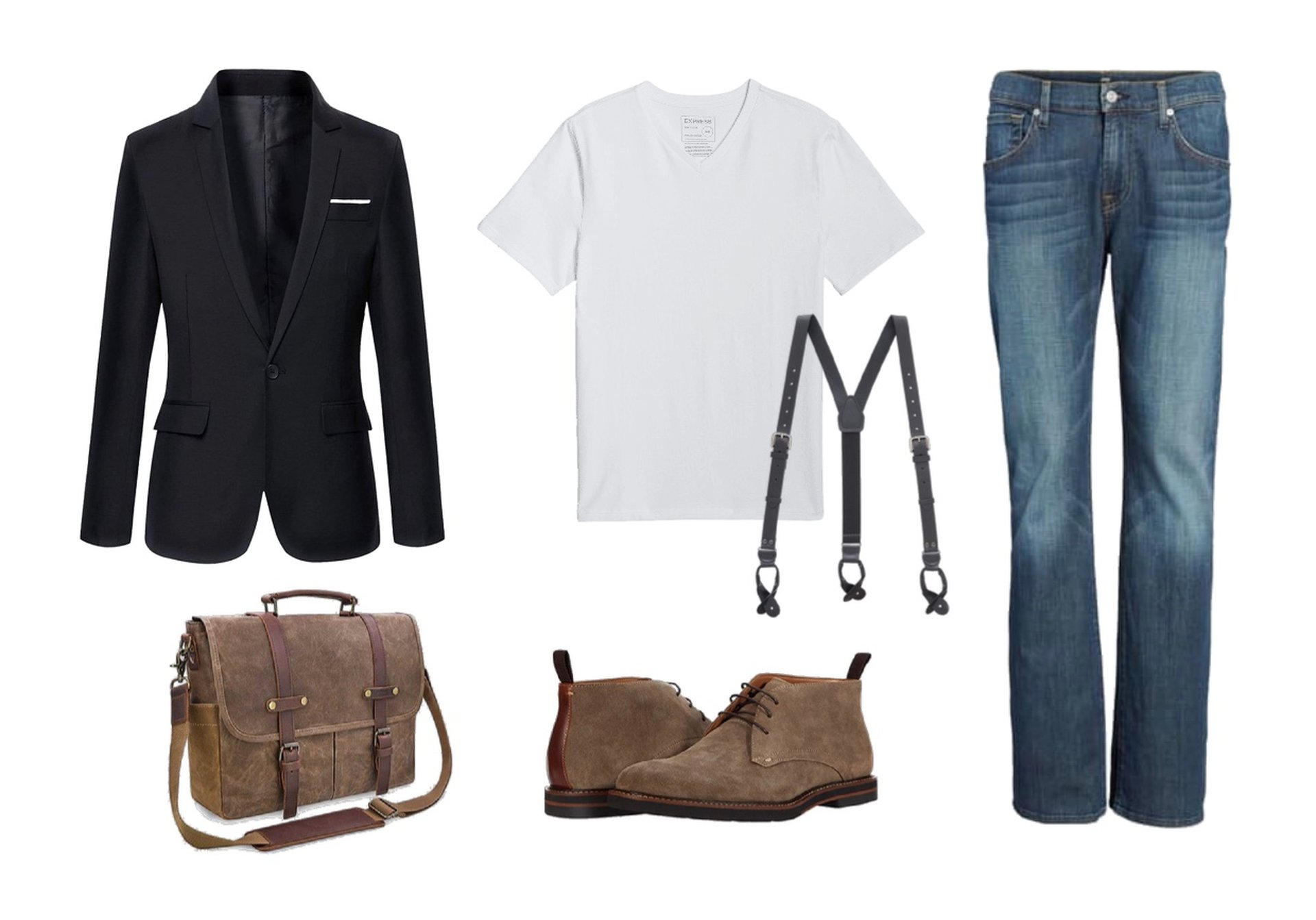 Boot-cut jeans, t-shirt, black suspenders, blazer