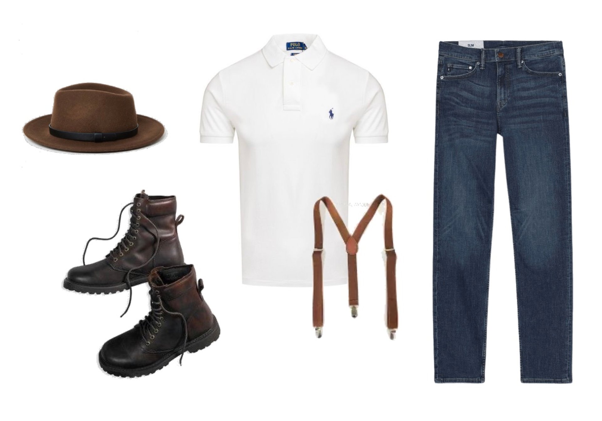 How to wear suspenders with jeans collar shirt, dark-wash jeans, fedora, brown suspenders