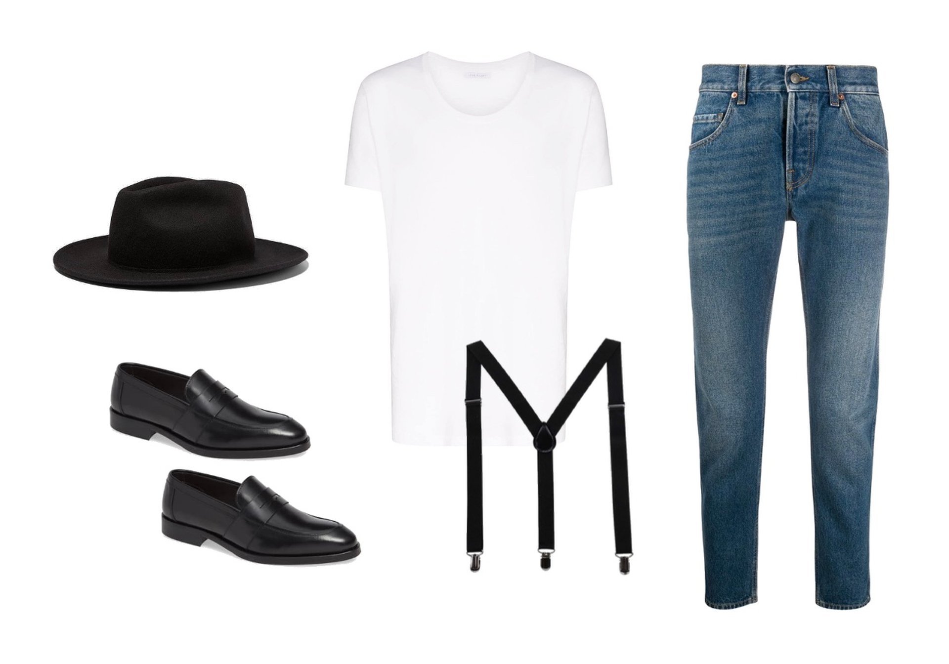 Dark-wash jeans, scoop-neck t-shirt and wide brim hat