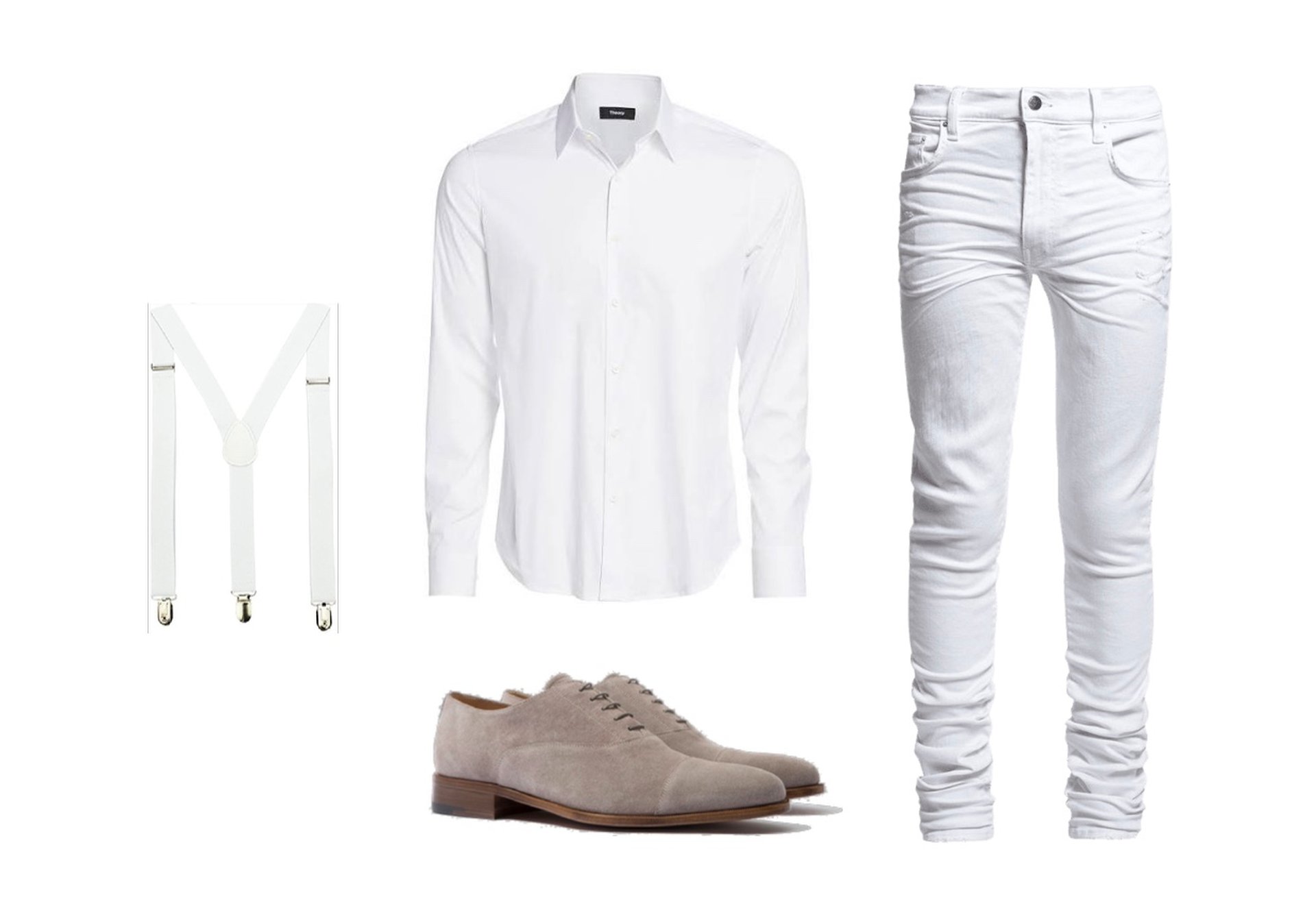 White jeans, button-up shirt, white suspenders, oxford shoes