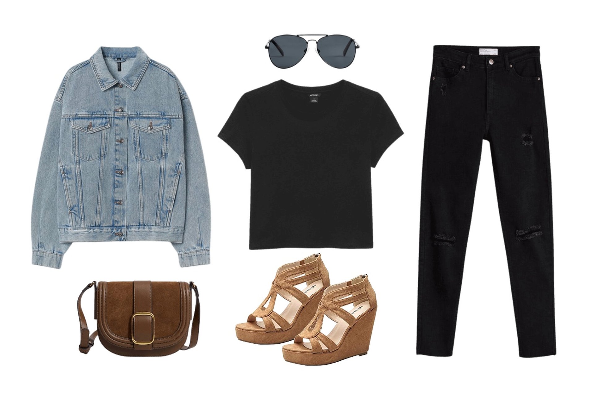 How to wear wedges with jeans - destroyed denim, black t-shirt, and blue jean jacket