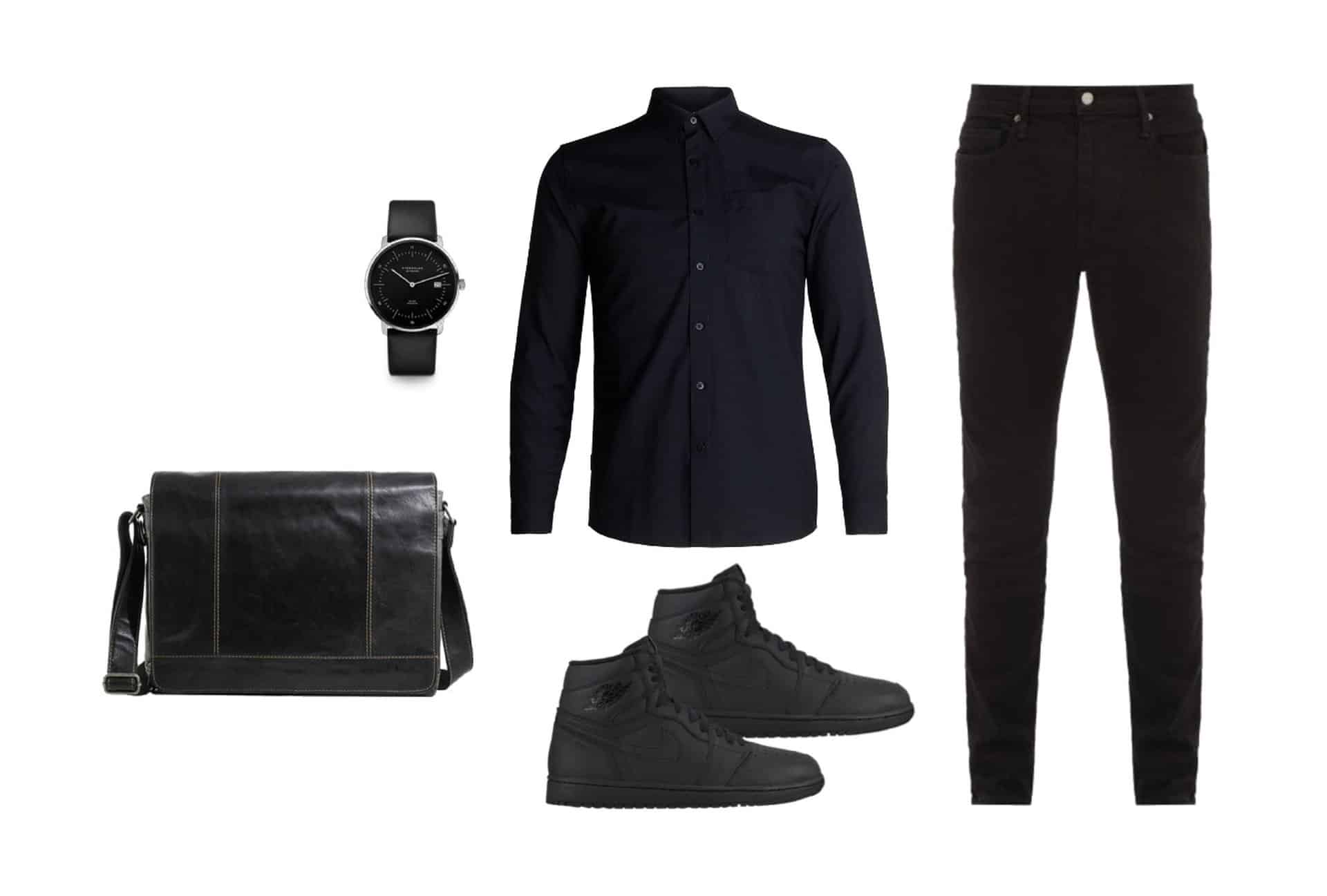 Black button up and black jeans with high top sneakers