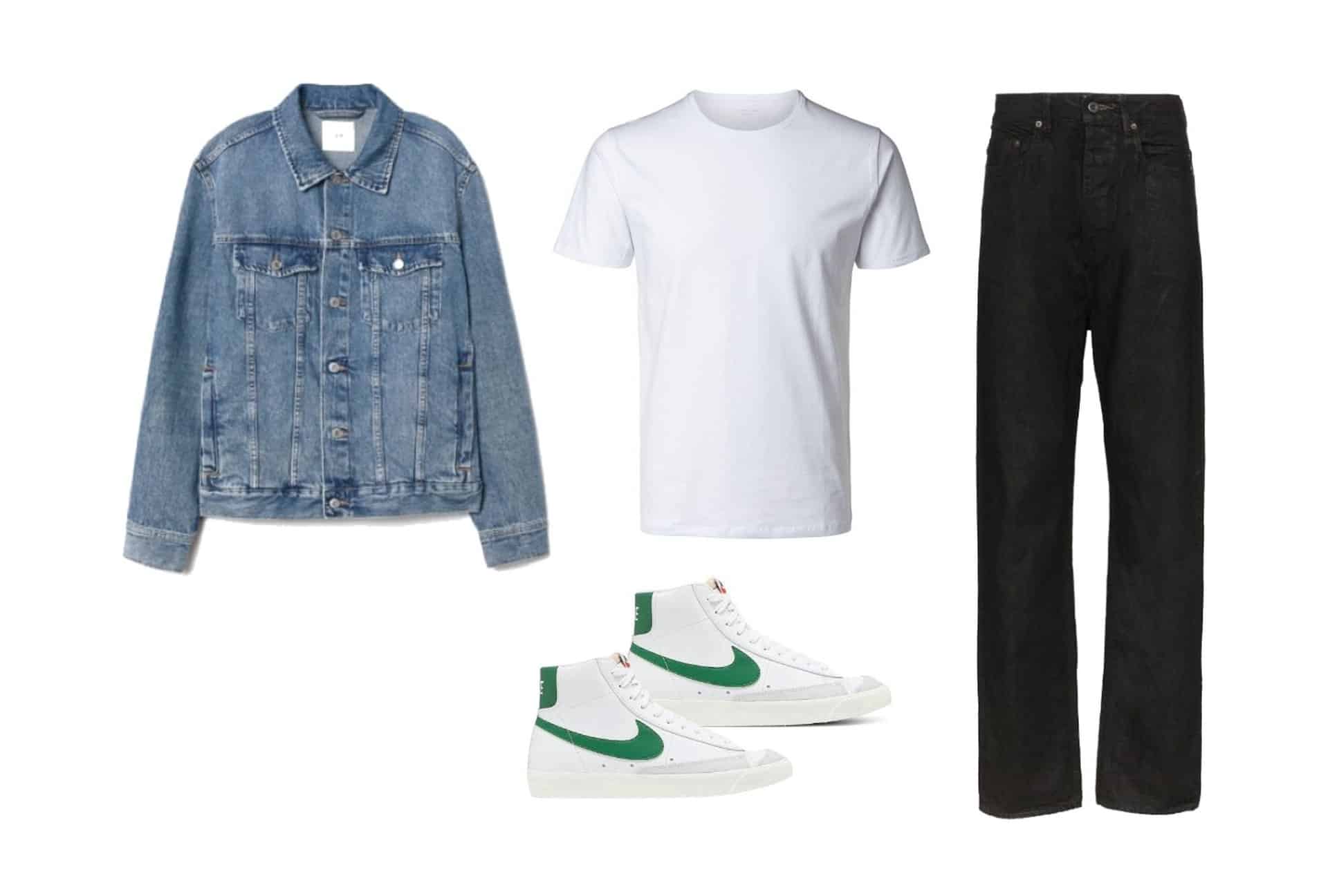 How to wear jeans with high tops - jean jacket, white t-shirt and black jeans