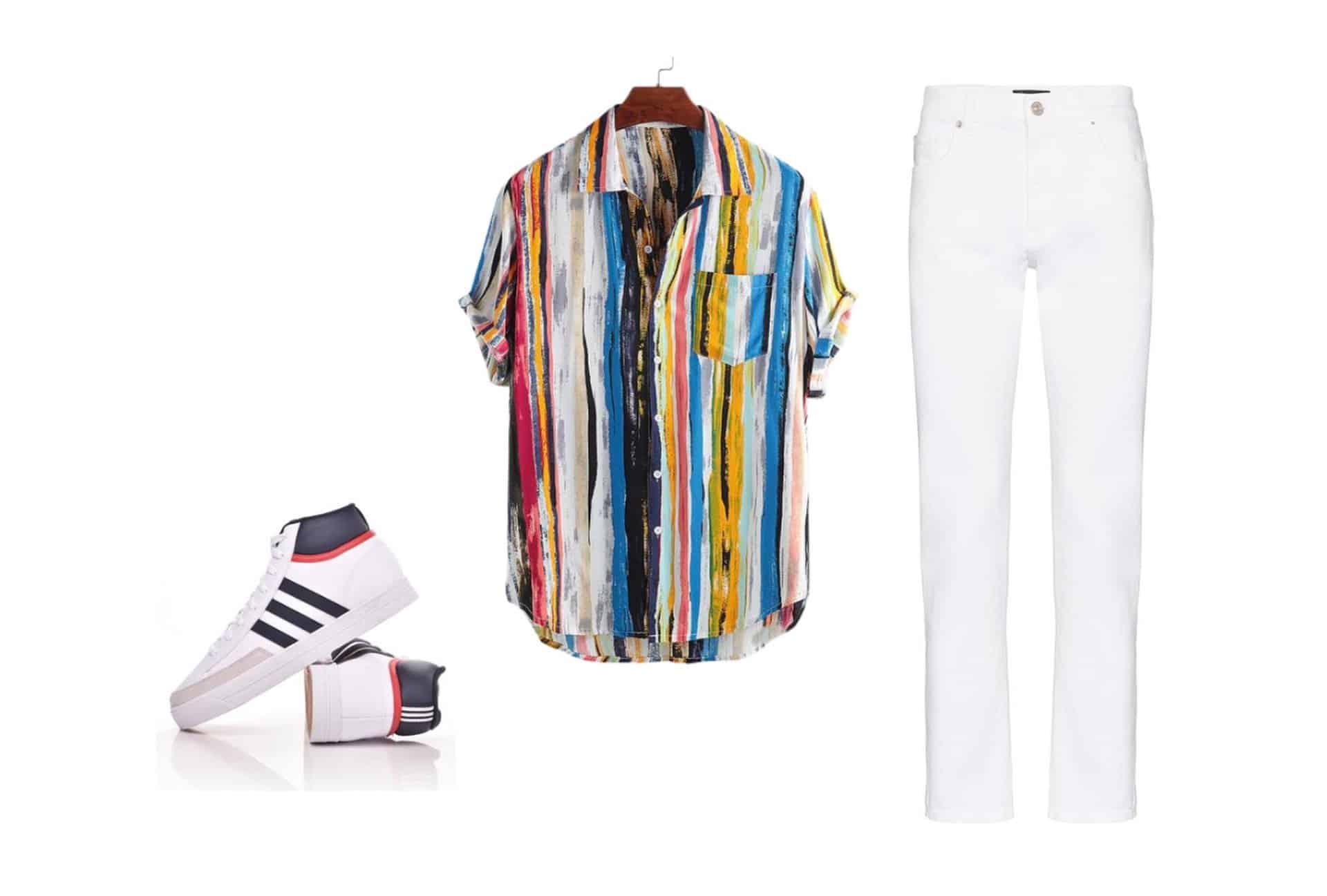 Sneakers, printed collar shirt and white jeans