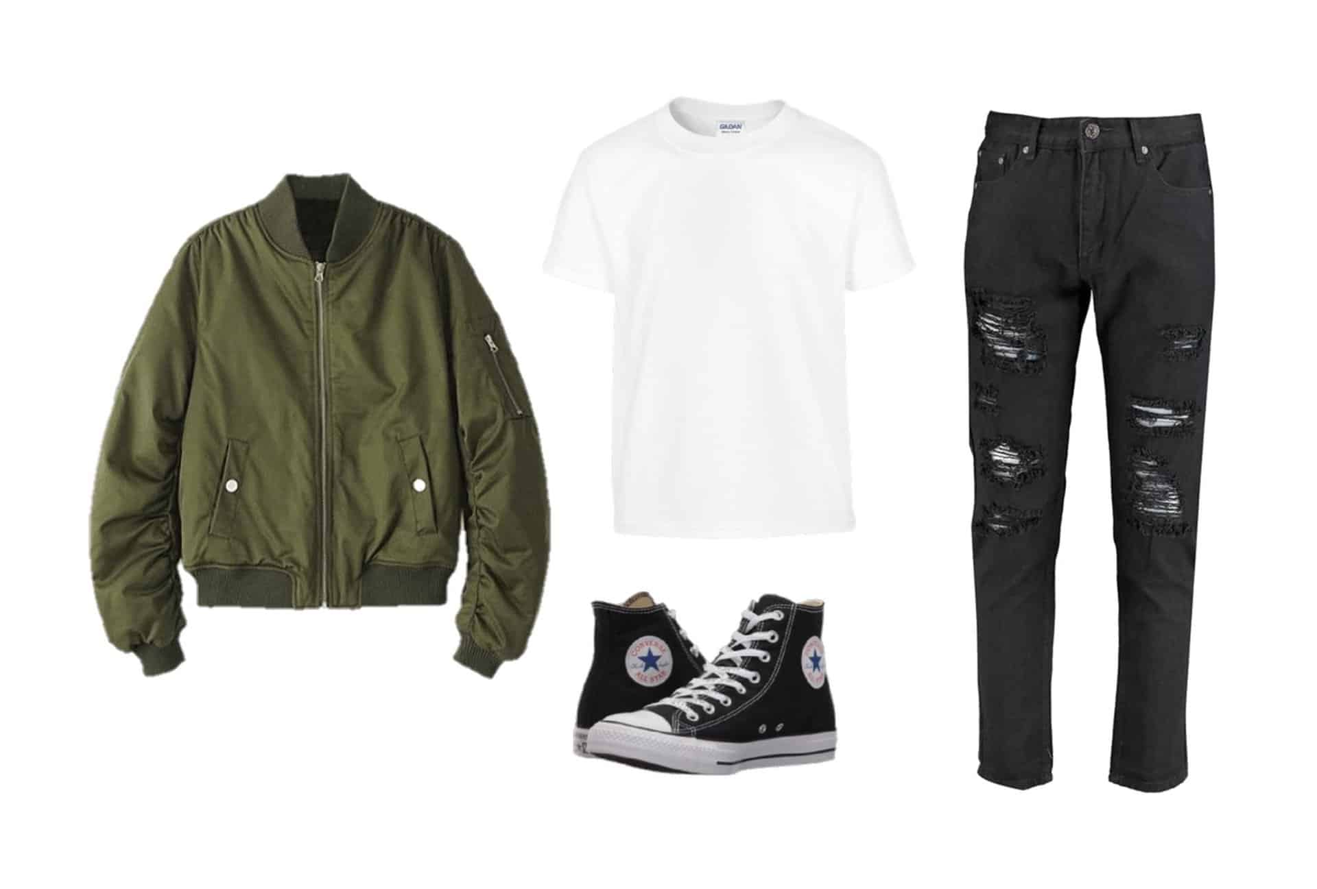 High top sneakers, t-shirt, bomber jacket, and slim jeans