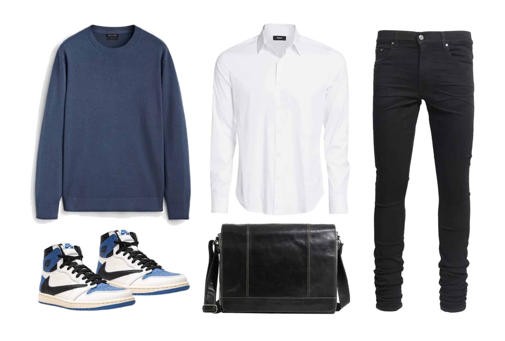 How to wear jordans with jeans black jeans, sweater and button up