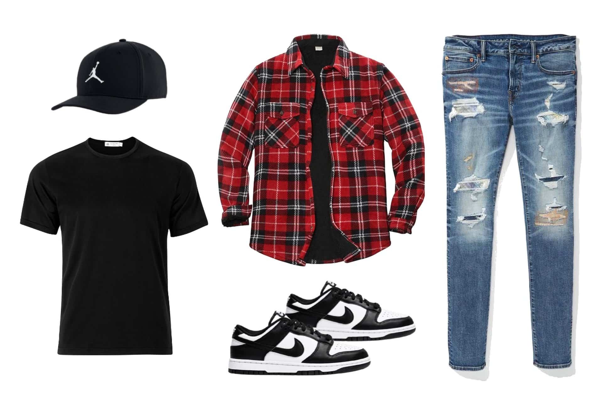 Flannel, destroyed denim, t-shirt, and snapback